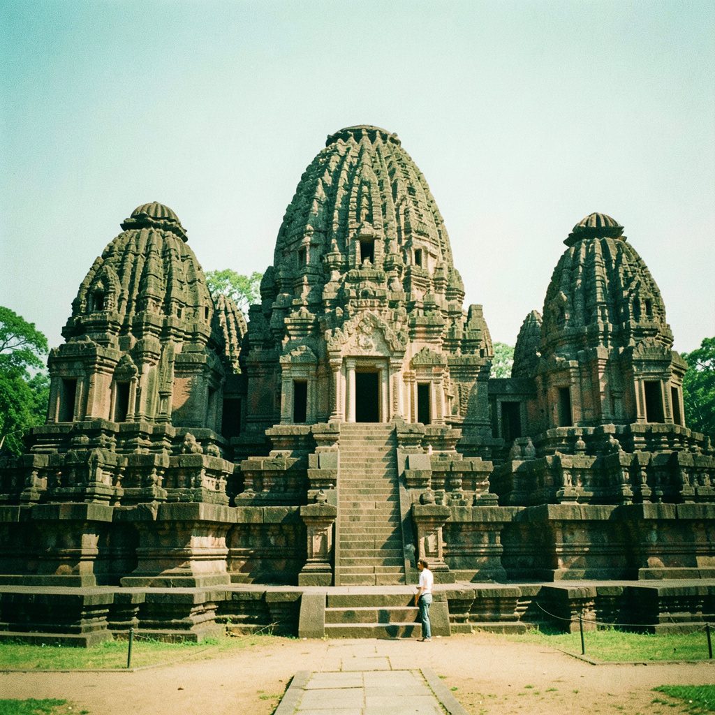 Ancient sandstone temple ruins with intricate carved reliefs, warm golden-brown stone against a deep green jungle backdrop under soft afternoon light