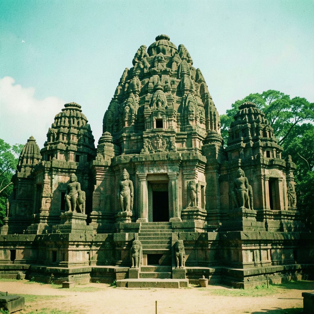Ornate sandstone temple carvings with detailed figurative sculptures, warm terracotta tones under soft daylight