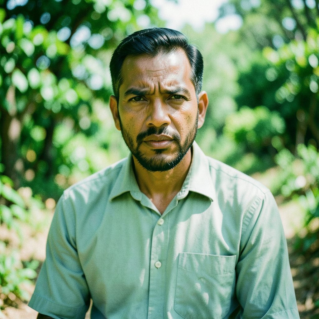 Portrait of a man in a dark shirt standing before an ancient stone temple doorway, warm golden light and deep shadows