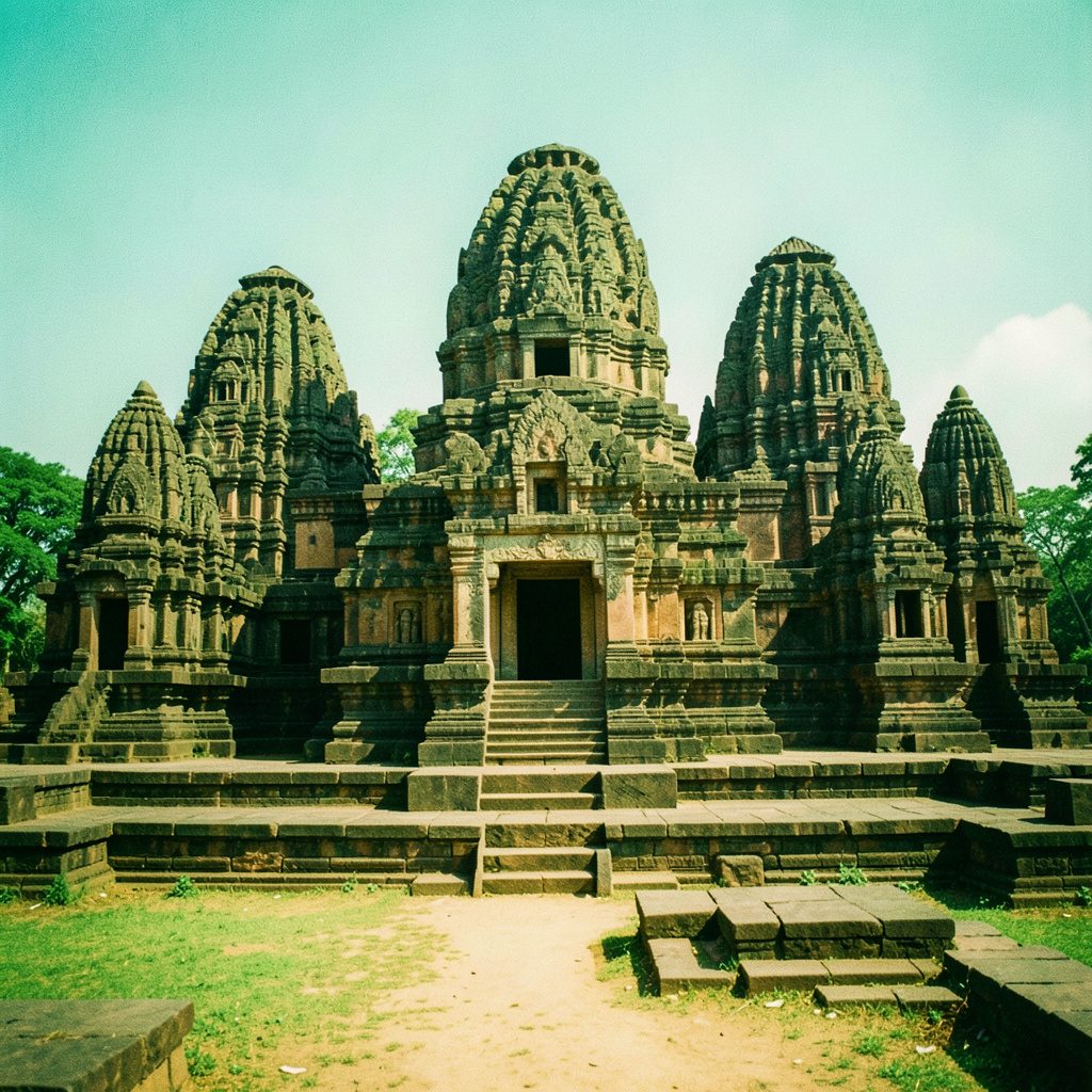 Ancient stone temple carvings in warm golden light, intricate sculptural details on weathered sandstone, mood of reverence and discovery