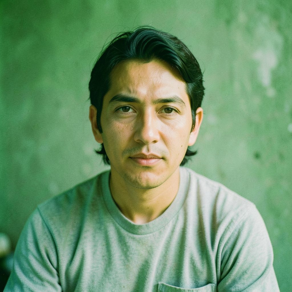 Contributor portrait in soft natural light, neutral expression against a blurred outdoor backdrop of greenery